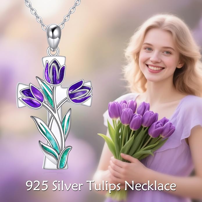 Flower Cross Necklace 925 Sterling Silver Carnation/Rose/Lily/Daisy Cross Necklace Birth Flower Jewelry for Women
