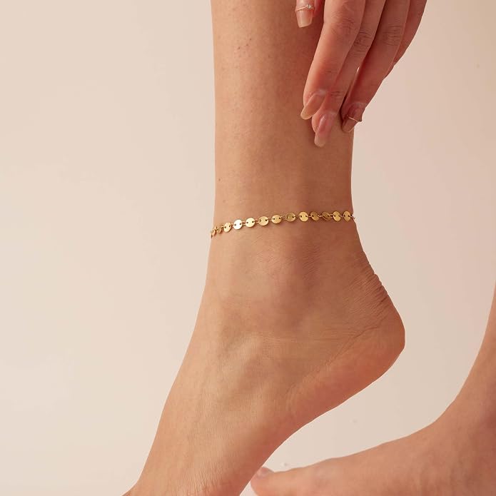 Dainty Ankle Bracelets for Women 18K Gold Plated Satellite Beaded Herringbone Lip Chain Anklets Simple Minimalist Summer Beach Foot Jewelry Christmas Gifts