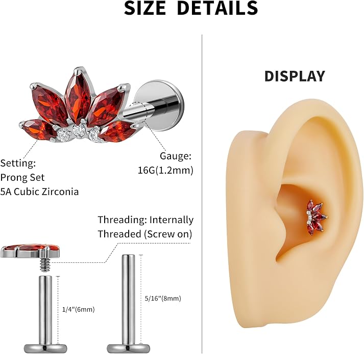 FINE4U 1PC ASTM F136 Titanium 16G Flatback Stud for Tragus, Helix, Conch 6mm 8mm - Screw on Cartilage Earring Piercing Jewelry