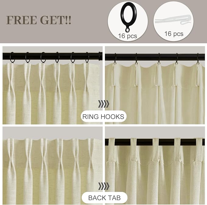 Pinch Pleated Linen Curtains 84 Inch Length 2 Panels Set, Light Filtering Linen Textured Sheer Drapes Memory Trained Pleated Curtain Back Tab for Living Room Farmhouse with Hooks Rings, Grey Beige