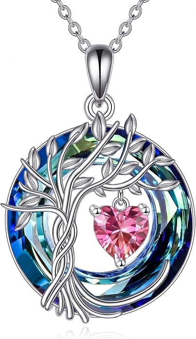 CRMAD Tree of Life Necklace Birthstone Pendant Necklaces with Crystal Anniversary Birthday Wedding Jewelry for Mom Her Wife Sister