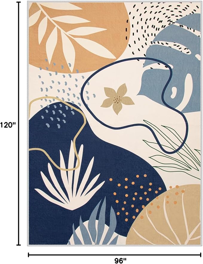 Lahome Washable Area Rug - 8x10 Non-Slip Ultra-Thin Large Area Rug, Soft Bedroom & Living Room Rug, Boho Botanical Print Indoor Stain Resistant Floor Rug for Dining Room Table & Office