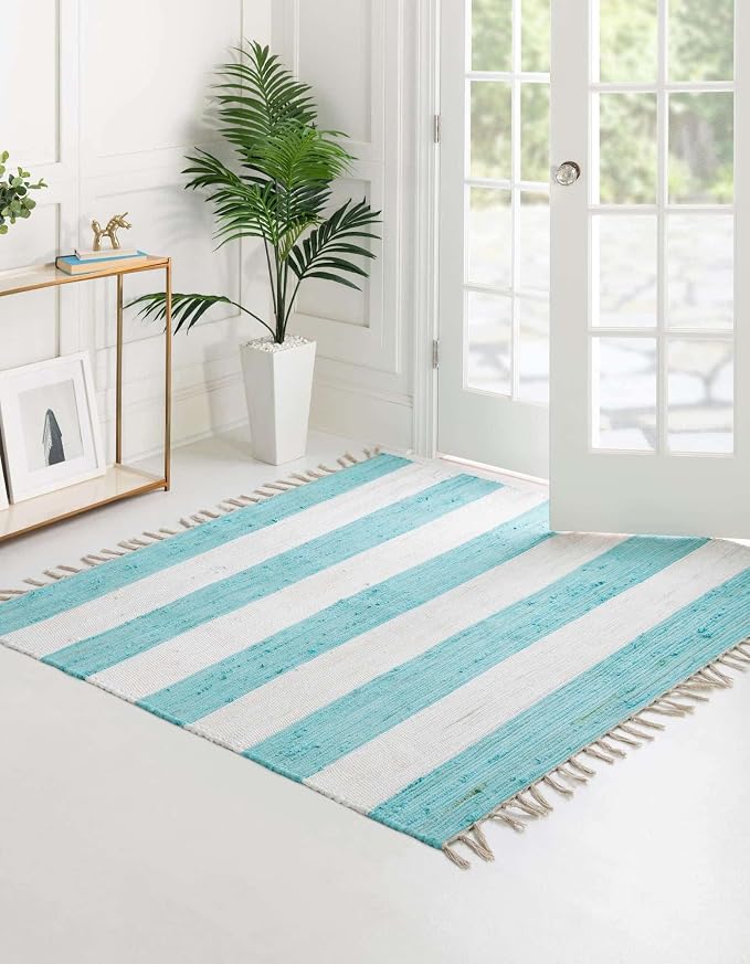 Unique Loom Chindi Rag Collection Area Rug - Striped (5' 1" Square, Turquoise and Ivory)