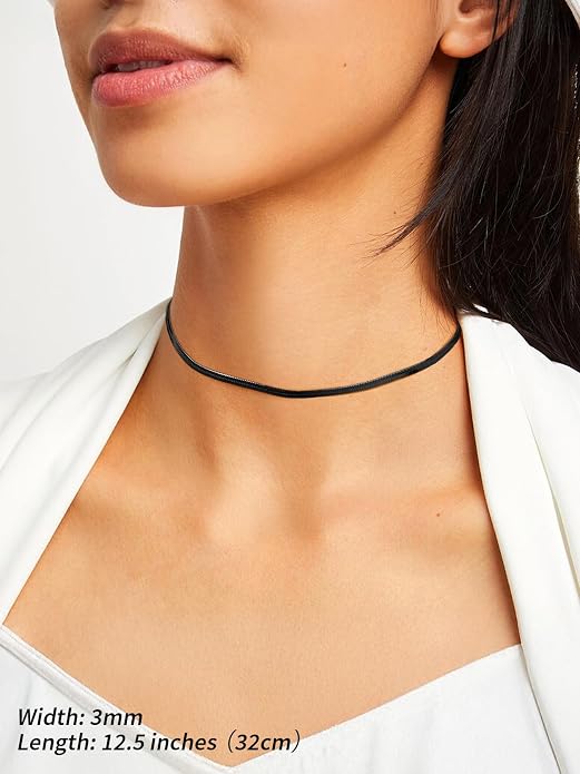 FindChic Black/14K Gold Plated Herringbone Choker Chain Necklace for Women | Waterproof Stainless Steel, Dainty Layering, Flat Snake Chain, Non-Tarnish, Hypoallergenic, Adjustable Extender, Gift Box