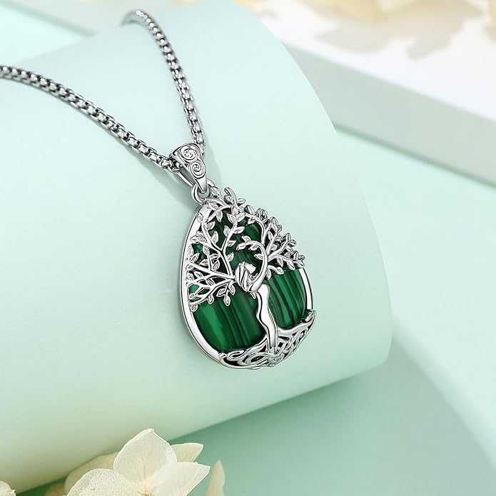 EUDORA Tree of Life Necklace with Moonstone Amethyst Obsidian Turquoise Healing Crystal for Women, Silver Plated Copper Mother Tree of Life Pendant Amulet Energy Jewelry, Gift for Women Mom, 20"+2"