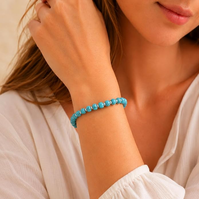 Sheplus 925 Sterling Silver Genuine Turquoise Bead Bracelet,Charm Boho Western Stretch Gift Jewelry for Women Wife Mom
