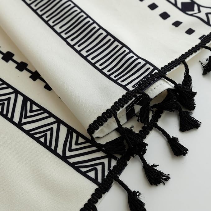 Black Geometric Curtains 102 Inches Long, Boho Farmhouse Light Filtering Rod Pocket Drapes with Tassel Trim for Bedroom Living Room, 2 Panels