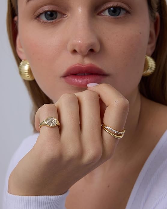 PAVOI 14K Gold Plated Signet Ring for Women - Pinky Ring with Round Cubic Zirconia - Dainty Lightweight Thin Statement Jewelry