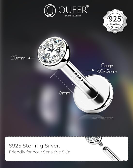 OUFER 925 Sterling Silver Helix Earrings Studs, 16G Flat Back Earrings, Silver Internally Threaded Cartilage Earrings Stud, Clear CZ Lip Rings, Ear Piercing Jewelry for Women Men