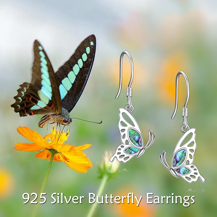 VONALA Abalone Shell Filigree Earrings 925 Sterling Silver Half Butterfly/Dragonfly Teardrop/Long/Vintage Abalone Shell Drop Dangling Earrings Bohemian Jewelry Gifts for Women