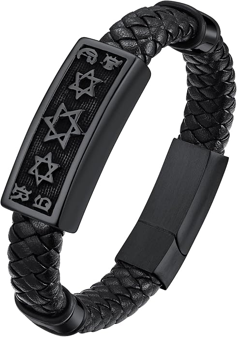 ChainsHouse Mens Wrap Braided Leather Black Bead Bracelets Bangles, Vintage Star of David/Wing Skull/Templar Cross Genuine Leather Bracelet, Customize Available, Size 7.5/8.3/9.0 Inch, Send Gift Box