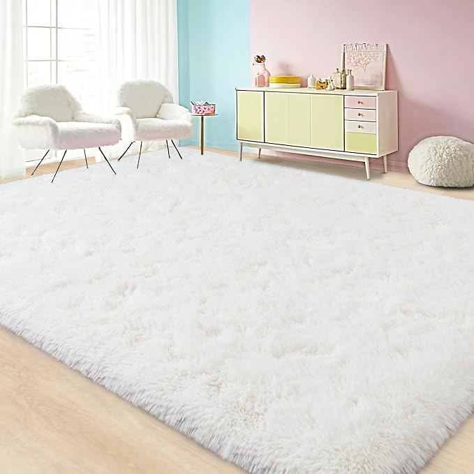 Large Area Rugs for Living Room Bedroom 8x10 Ivory Fluffy Shag Rugs | Ultra Soft Shaggy Plush Fuzzy Modern Indoor Throw Floor Carpet for Kids Girls Boys Dorm Nursery Home Decor Aesthetic