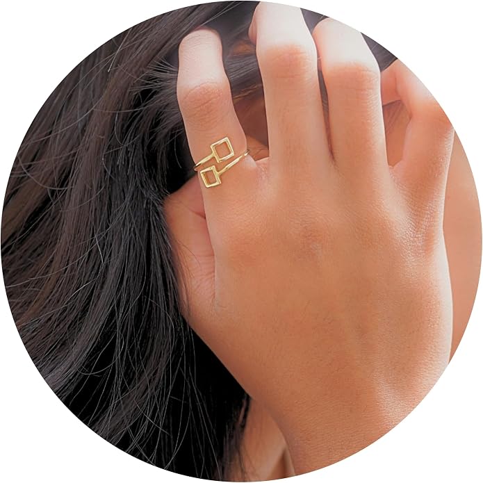 18k Gold Plated Simple Minimalist Square Adjustable Stackable Halo Ring Band for Women Valentines Day Gifts for Her Comes with a Gift Box