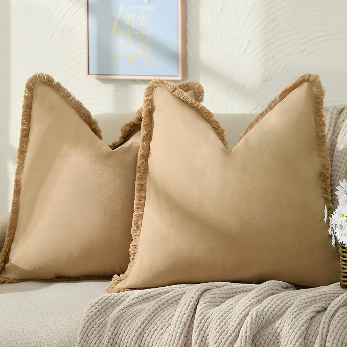 ZWJD Pillow Covers 18x18 Set of 2 Khaki Throw Pillow Covers with Fringe Chic Cotton Decorative Pillows Square Cushion Covers for Sofa Couch Bed Living Room Farmhouse Boho Decor