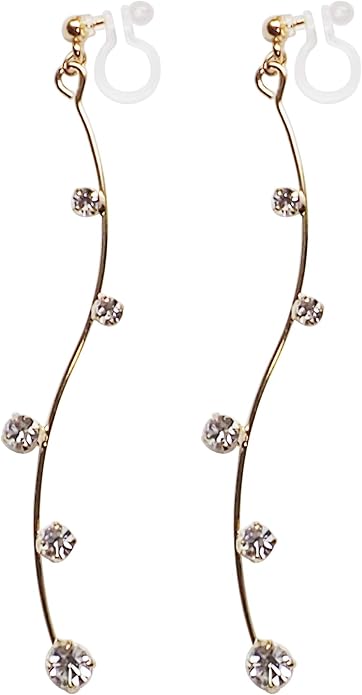 Comfortable Stick Invisible Clip On Earrings Gold Dangle Long Waved Threader Bar Clip-On Non Pierced Earrings Silver For Women,…