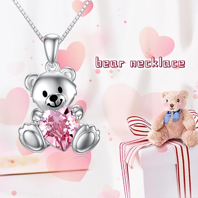 PELOVNY Teddy Bear Necklace for Women 925 Sterling Silver Bear/Highland Cow/Fox/Cat/Axolotl Birthstone Necklace Christmas Birthday Jewelry Gifts for Mom Daughter Wife Sister