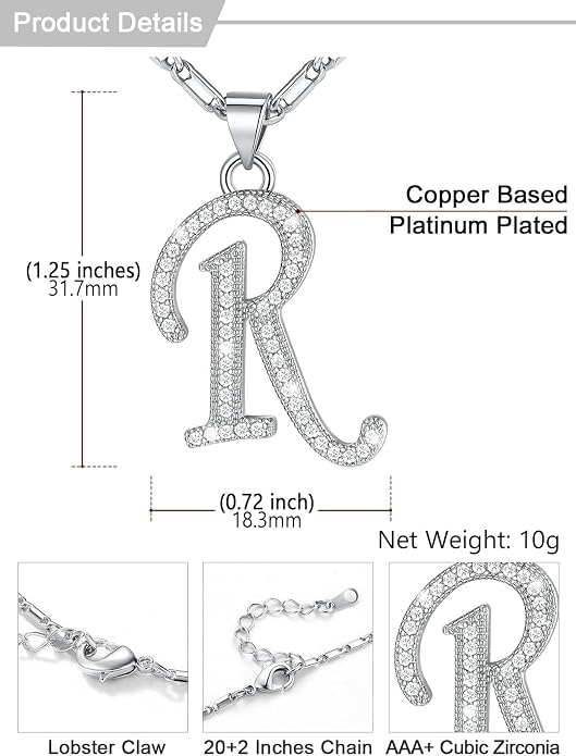 U7 Initial Necklace for Women, Gold/Platinum Plated CZ Crystal Letter A-Z Pendant Necklace, Shiny 20 Inch Name Chain Dainty Personalized Jewelry for Men Mom Wife Friend