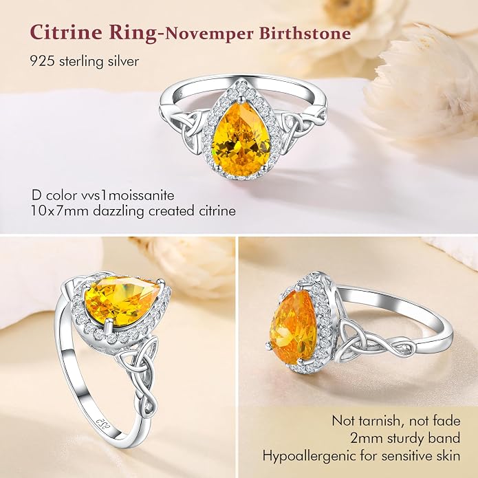 DAYBYDAY Celtic Birthstone Rings for Women 925 Sterling Silver Heart/Round/Pear/Oval Created Gemstone Moissanite Halo Engagement Promise Rings for Her Wife Birthday Anniversary Wedding Jewelry