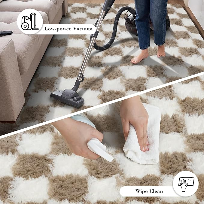Checkered Rug for Bedroom, 3x5 Beige and White Area Rugs, Classic Checkered Carpets Shag Area Rug, Bedside Rugs for Living Room Bedroom Room Home Decor