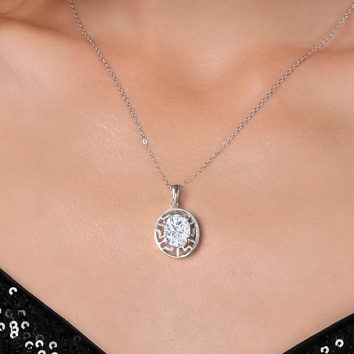 Gem Stone King 925 Sterling Silver 10X8MM Oval Gemstone Birthstone Necklace | Greek Key Pendant Necklace for Women | With 18 Inch Silver Chain