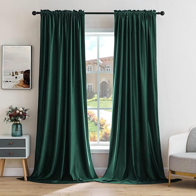 MIULEE Dark Green Blackout Velvet Curtains Drapes 90 Inch Long 52"x90" | Luxurious Bedroom Living Room Decor, Room Darkening, Thermal Insulated, Rod Pocket Design, Super Soft Fabric