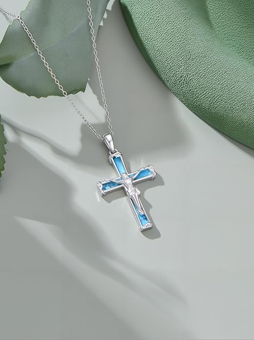 HPQQ Cross Necklace 925 Sterling Silver Turquoise Tree of Life Celtic Knot Cross Pendant Jewelry Mother's Day Gifts for Women