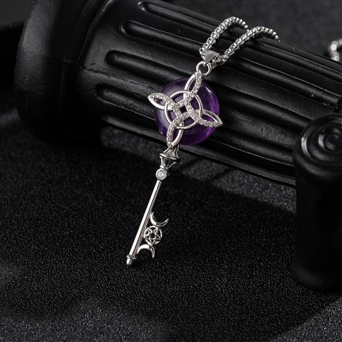 Natural Moonstone Crystal Key Necklace for Women, Retro Triple Moon Key Healing Crystal Wiccan Pagan Jewelry Gift