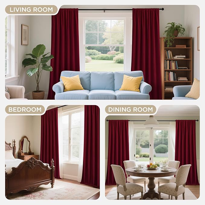 Joydeco 100% Blackout Velvet Curtains Red 108 Inch Back Tab | Luxury Thermal Insulated Velvet Curtains for Bedroom Living Room, Soundproof Blackout Window Drapes