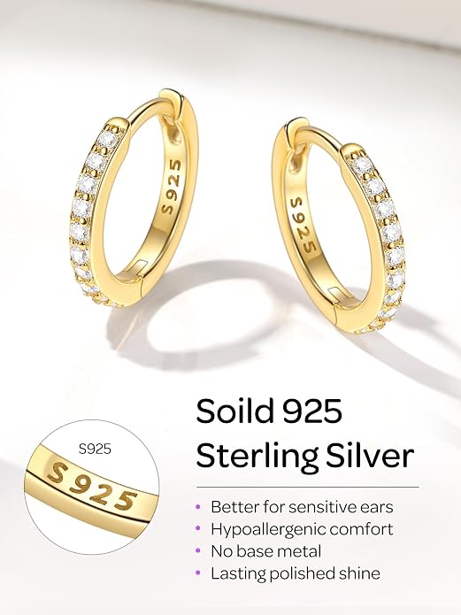 ChicSilver 925 Sterling Silver Huggie Earrings for Women 14K Gold Plated Silver Hoop Earrings for Women Hypoallergenic Small Cubic Zirconia Huggie Earring (6/8/10/12/14/16/18/20mm)