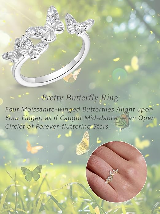 Moissanite Flower/Butterfly/Star Pretty Open Ring for Women, Adjustable Ring, Solid 925 Sterling Silver with Gold Plated, Stackable Ring, Birthday Valentines Anniversary Mothers Day Ideal Gift for Her