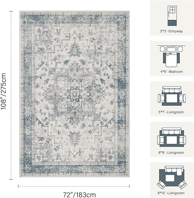 Rugxara 6x9 Washable Area Rug for Living Room, Neutral Vintage Large Boho Rugs for Office, Dining Room, Kids Room, Farmhouse, Durable Low Pile Non Slip Carpet for High Traffic Areas, Light Blue Grey