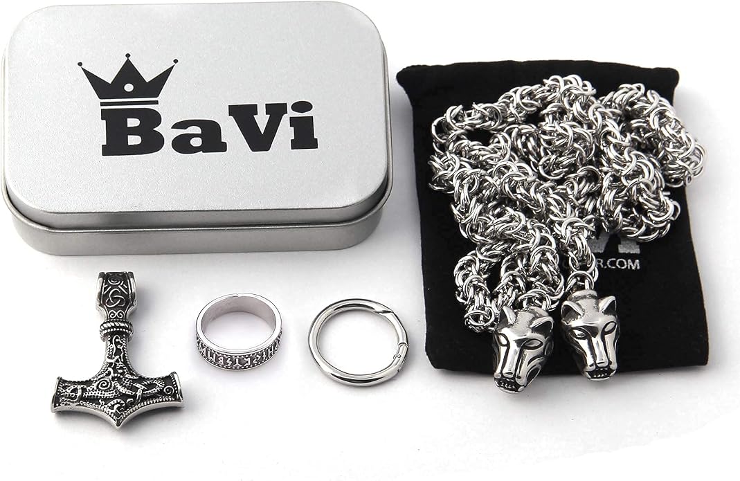 BAVIPOWER Viking Amulet Pendant with Big Wolf Head Chain Necklace 316L Stainless Steel Norse Scandinavian Necklace Authentic Viking