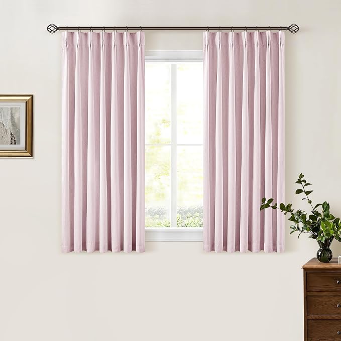 Light Pink Pleated Black Out Linen 45 Inch Curtains with Liner 2 Panels | 100% Blackout, Memory Trained Pinch Pleat, Thermal Insulated, Noise Reduce, Short Curtains 2 Layers for Nursery Small Window