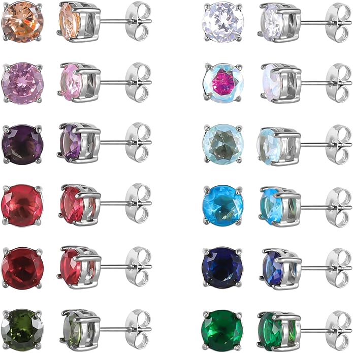 12 Pairs Surgical Stainless Steel Round Birthstone Multi Colored Cubic Zirconia Stud Earrings Set
