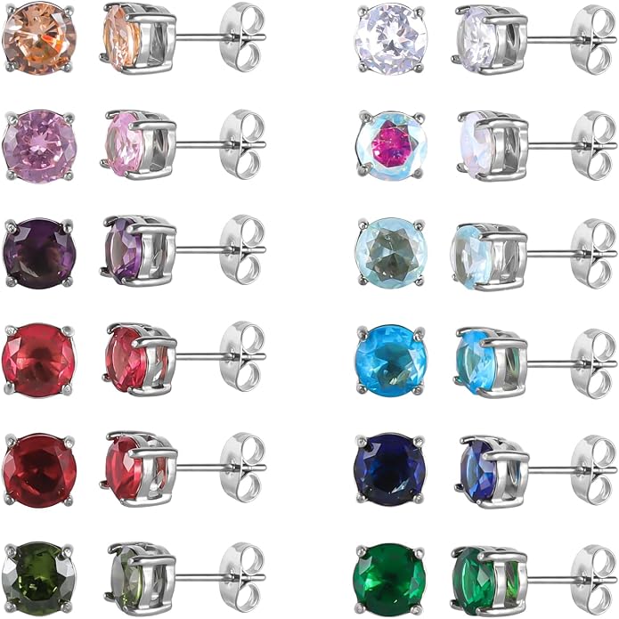12 Pairs Surgical Stainless Steel Round Birthstone Multi Colored Cubic Zirconia Stud Earrings Set