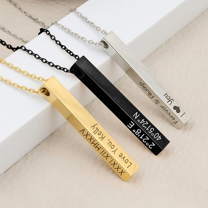 Ship Next Day, Personalized 3D Bar Name Necklace for Women, Custom Engraved Nameplate Necklaces for Men, Valentine Anniversary Dainty Jewelry Gifts for Girlfriend Boyfriend BFF