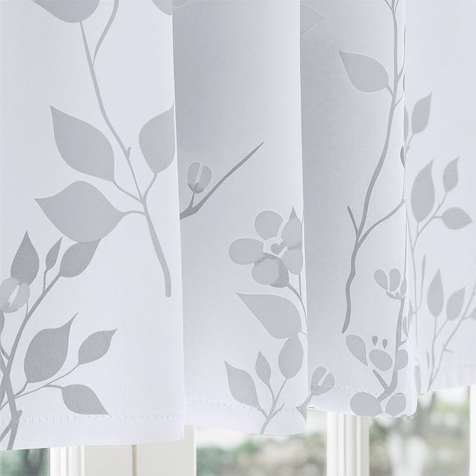 Beauoop Floral Valance Curtains for Kitchen Grey White 52X18 Inch 1 Panel | Flower Patterned Blackout Short Curtains for Living Room Bedroom Cafe 18 Inch Length Thermal Small Window Curtains Rod Pocket