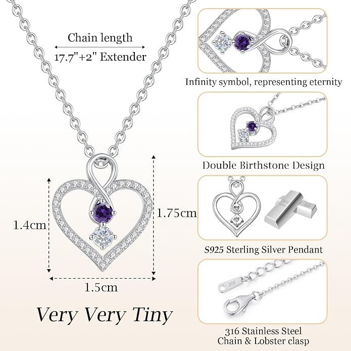 LOUISA SECRET Double Birthstone Necklaces for Women, 925 Sterling Silver Infinity Love Heart Pendant Necklace for Her, Birthday Anniversary Valentine's Day, Christmas, Wedding, Graduation Gift for Her, Personalized Gifts, Jewelry Gifts for Wife Mom Gir...