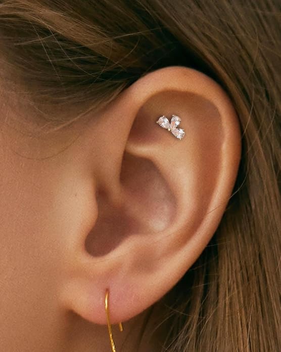 Cocharm 14K Solid Gold Cartilage Earring - 16g Flower Yellow Gold Flat Back Helix Stud, 14K Gold Push in Tragus Earring, Threadless Conch Stud