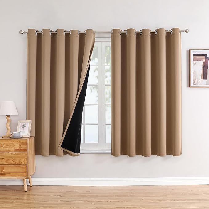 ChrisDowa 100% Blackout Curtains for Bedroom 63 Inches Long 2 Panels Set | 2 Thick Layers, Thermal Insulated, Light Blocking, Grommet, Window Treatment, Living Room Drapes, Cappuccino, 60 x 63 Inch