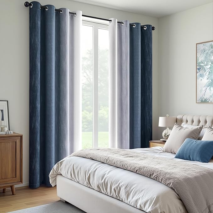 MIULEE Navy Blue and Greyish White Ombre Blackout Curtains, Full Room Darkening Thermal Insulated 90 Inches Long Drapes for Bedroom/Living Room Grommet Window Treatments Modern 52Wx90L, Set of 2