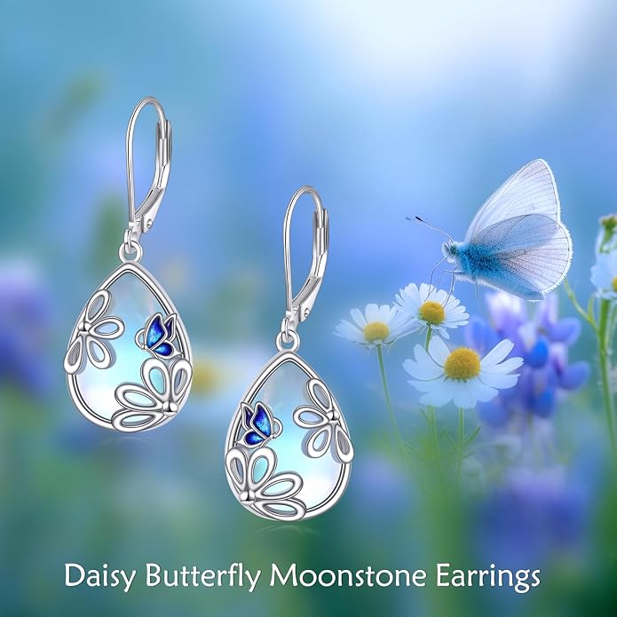 AOBOCO Teardrop Dangle Earrings for Women 925 Sterling Silver Moonstone Flower Filigree Leverback Jewelry Birthday