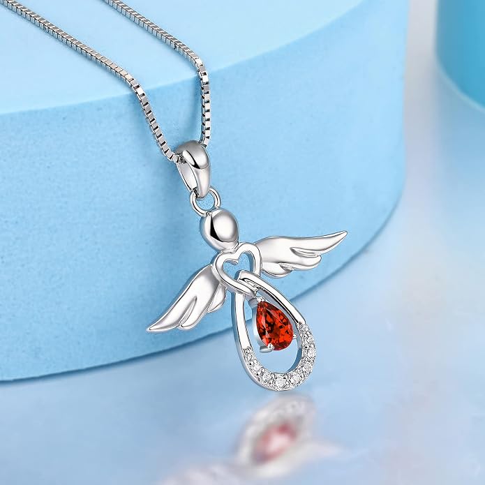 FJ Guardian Angel Necklace 925 Sterling Silver Birthstone Pendant Angel Jewelry Gifts for Women