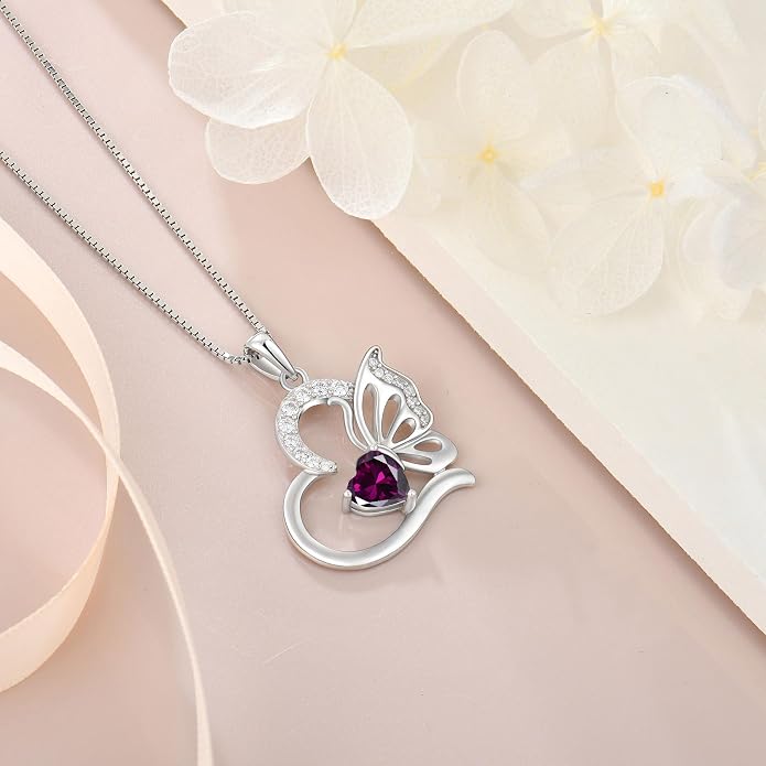 Butterfly Necklace for Women 925 Sterling Silver Heart Pendant Birthstones Jewelry Gift