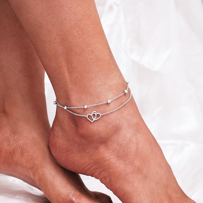 CHIC & ARTSY 925 Sterling Silver Ankle Bracelets for Women, Adjustable Layered Foot Chains with Nature & Symbol Charms, Lightweight Comfort Fit Boho Beach Everyday Jewelry