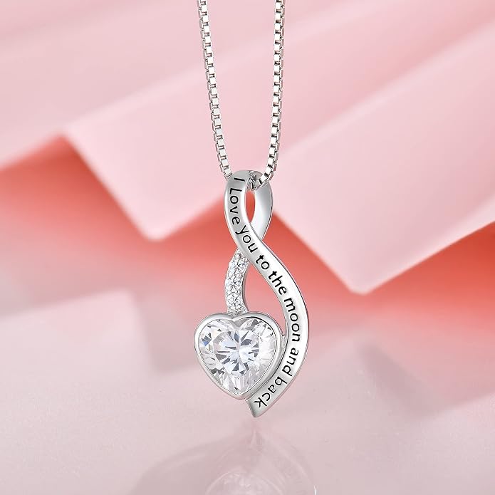 I Love You to The Moon and Back Necklace for Women, 925 Sterling Silver Heart Birthstone Pendant Necklace Jewelry Anniversary Birthday Gifts for Girls Women Wife Mom Daughter