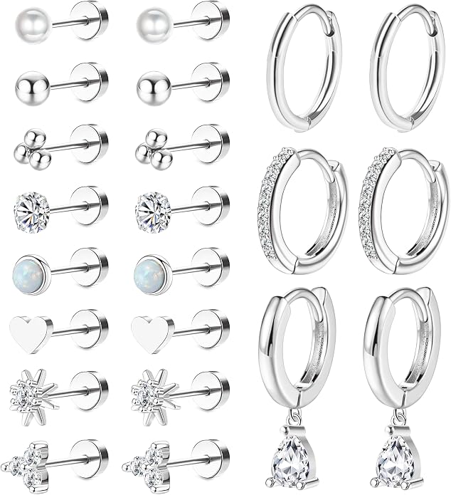 MJust 18 Pairs Women‘s Hypoallergenic Flat Back Stud Earrings, 20g Stainless Steel Earrings Sets for Men, Tiny Unisex Screw Back Cartilage Earrings.