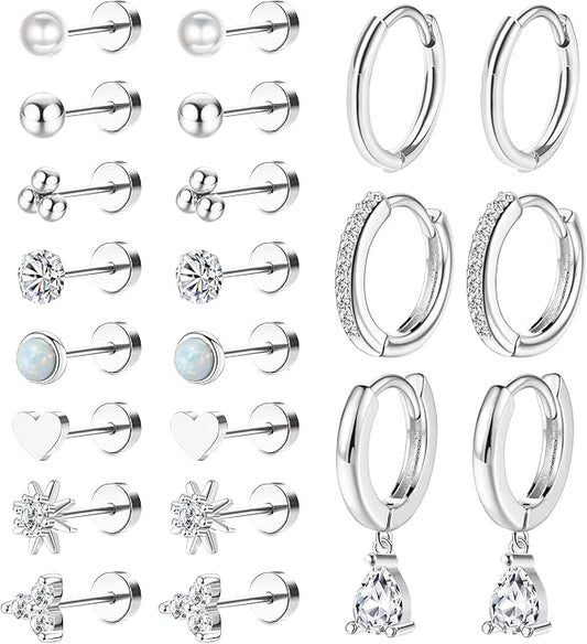 MJust 18 Pairs Women‘s Hypoallergenic Flat Back Stud Earrings, 20g Stainless Steel Earrings Sets for Men, Tiny Unisex Screw Back Cartilage Earrings.