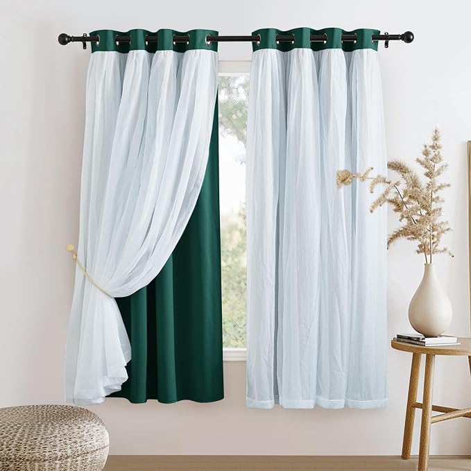 PONY DANCE Bedroom Curtains Blackout - Sheer Drapes Crushed with Grommet Top Treatments Decoration for Short Windows, 52 x 63 in, Hunter Green, 2 Panels