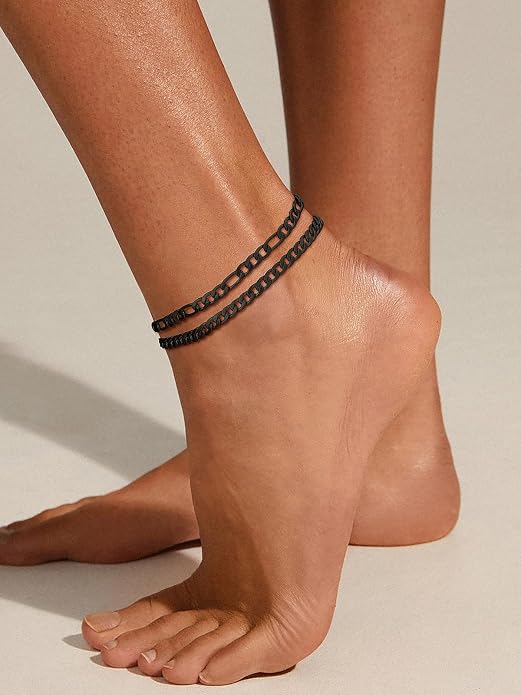 U7 2Pcs/3Pcs Ankle Bracelets for Women, Stainless Steel Cuban Link/Figaro/Rope/Heart Chain Anklets Sets,Waterproof Layered Anklets Adjustable 8.5"-10.5"